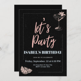 Invitación Cumpleaños ilustrado en negro y rosa