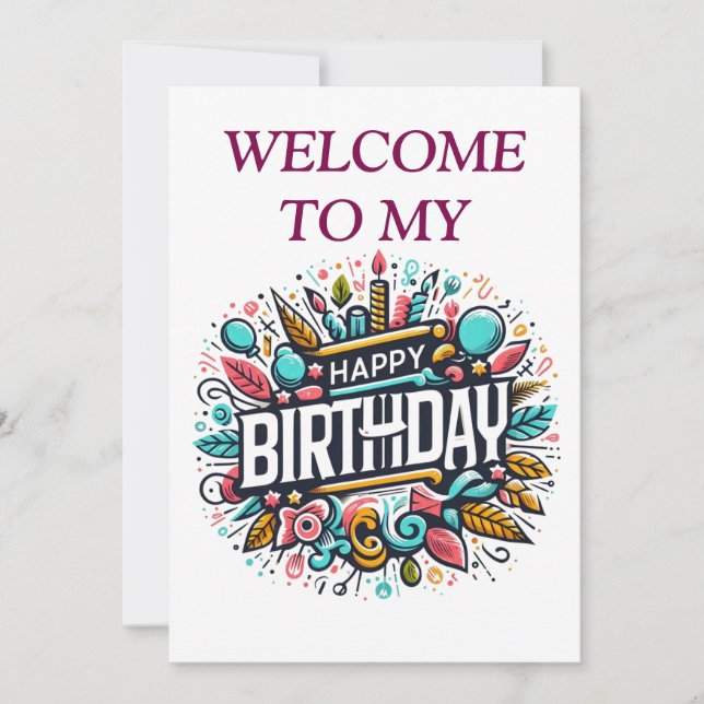 Invitación Cumpleaños ilustrado y colorido - Fiesta única (Anverso)