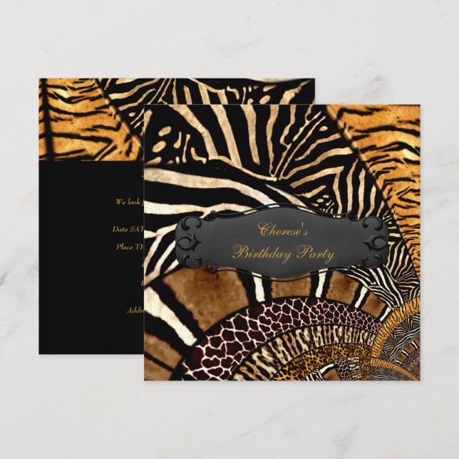 Invitación Cumpleaños Impresiones de Animales Mixtos Dorado N (Anverso / Reverso)
