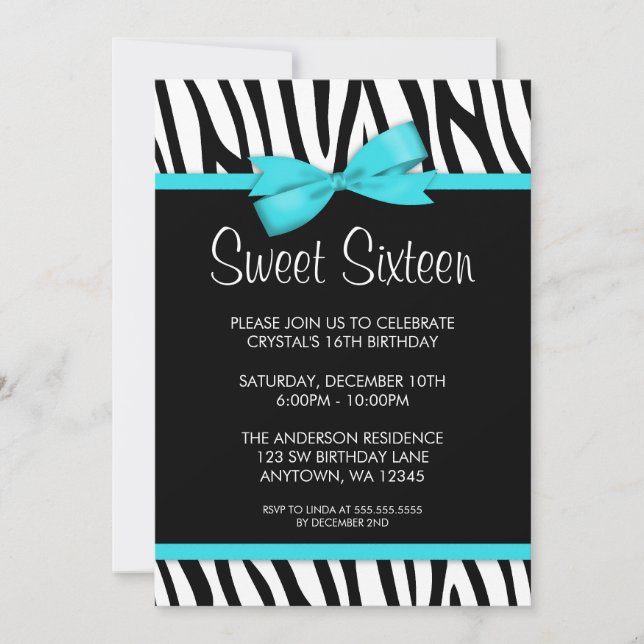 Invitación Cumpleaños impreso azul verde azulado del dulce 16 (Anverso)