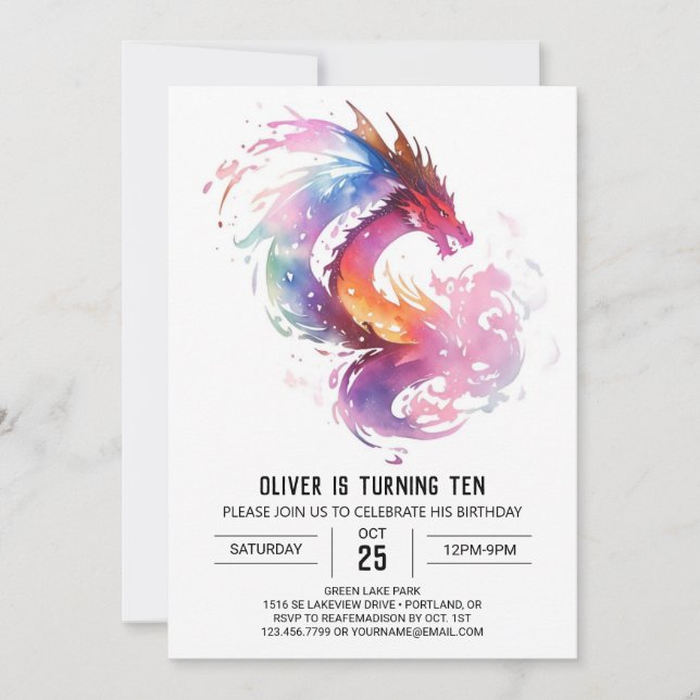 Invitación Cumpleaños imprimible con dragón místico (Anverso)