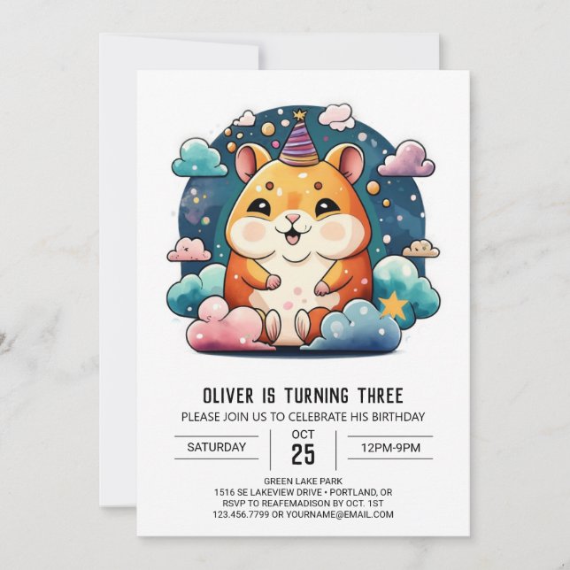 Invitación Cumpleaños Imprimible de Hamster Cute (Anverso)