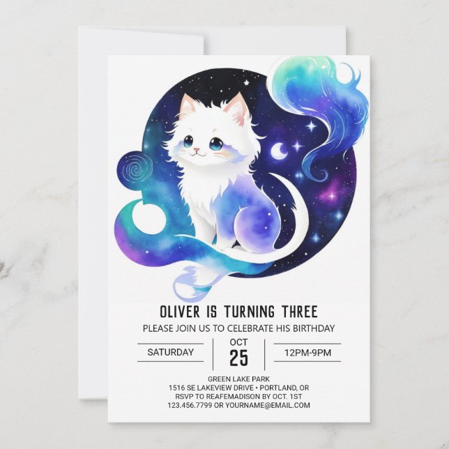 Invitación Cumpleaños imprimible para gato moderno (Anverso)