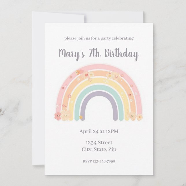 Invitación Cumpleaños infantil arcoíris floral sonriente past (Anverso)
