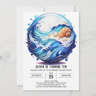 Invitación Cumpleaños infantil Azul Profundo de Orilla del Ma