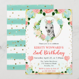 Invitación Cumpleaños infantil cebra de jungla linda acuarela