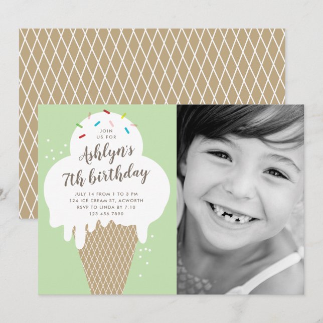 Invitación Cumpleaños infantil con cono de helado (Anverso / Reverso)