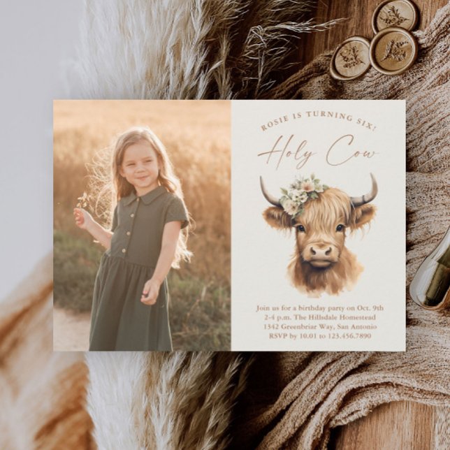 Invitación Cumpleaños infantil con foto de vaca de las Highla (Boho Highland Cow Kids Girls Photo Birthday Party Invitations.)