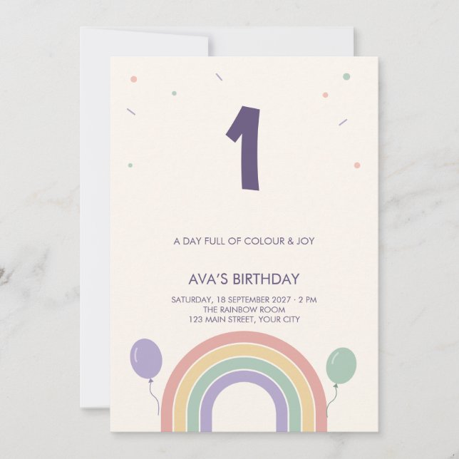 Invitación Cumpleaños infantil con globos de arcoíris pastel (Anverso)
