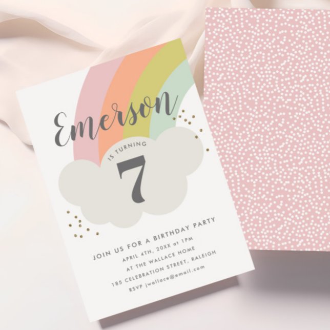Invitación Cumpleaños infantil con nube de arcoíris pastel (Kids Rainbow Birthday Party Invitations.)