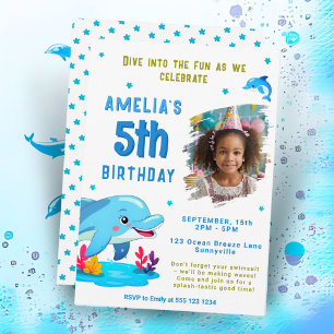 Invitación Cumpleaños infantil con temática de delfines y ani