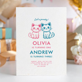 Invitación Cumpleaños infantil conjunto con gatitos de colore