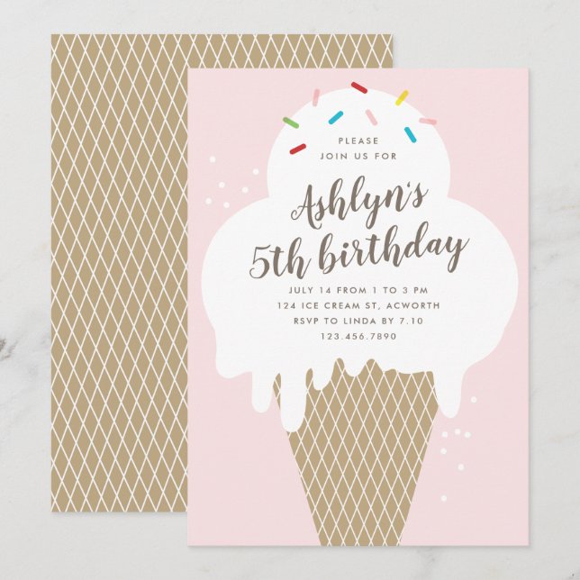 Invitación Cumpleaños infantil cono de helado rosa (Anverso / Reverso)