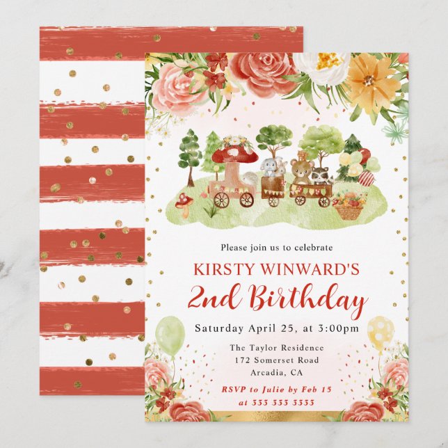 Invitación Cumpleaños infantil de animales del bosque con acu (Anverso / Reverso)