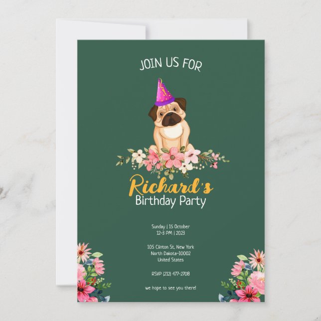 Invitación Cumpleaños infantil de cachorro lindo floral (Anverso)