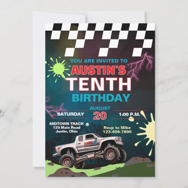 Invitación Cumpleaños infantil de camión monstruo (Anverso)