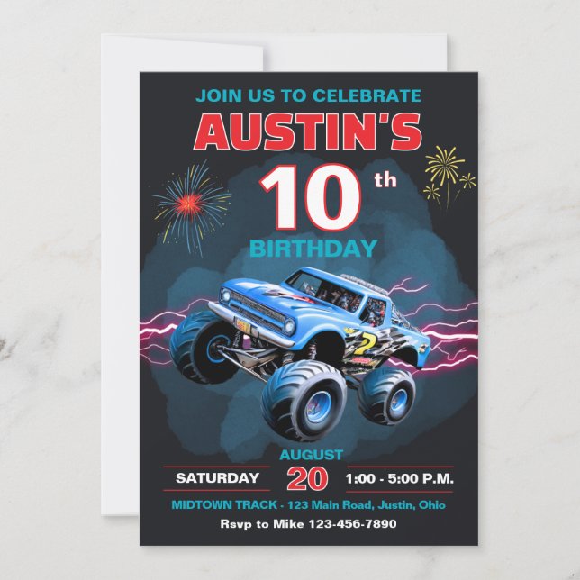 Invitación Cumpleaños infantil de camión monstruo (Anverso)