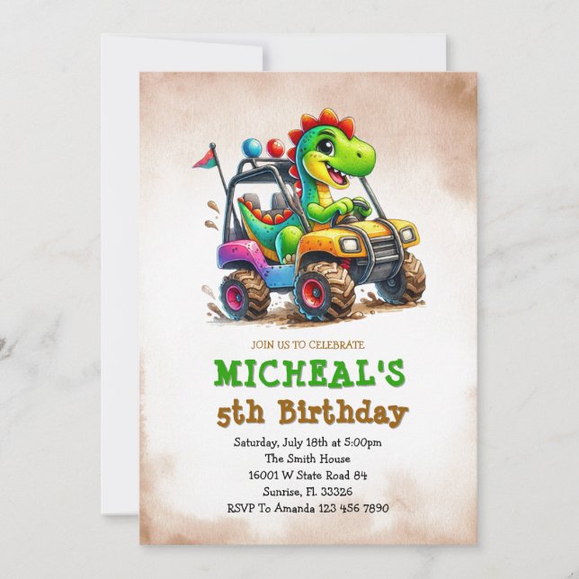 Invitación Cumpleaños infantil de camión monstruo de dinosaur (Anverso)