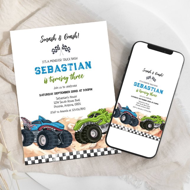 Invitación Cumpleaños infantil de camión monstruo Smash & Cra (Subido por el creador)