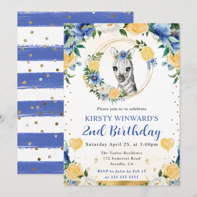 Invitación Cumpleaños infantil de cebra de jungla linda acuar (Anverso / Reverso)