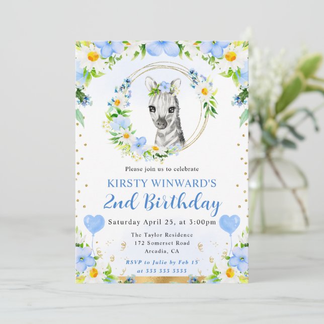 Invitación Cumpleaños infantil de cebra de jungla linda acuar (Anverso de pie)