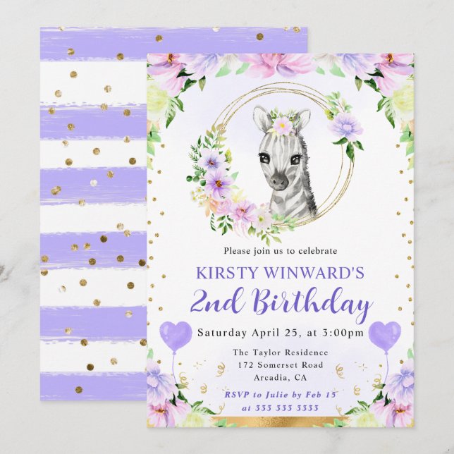 Invitación Cumpleaños infantil de cebra de jungla linda acuar (Anverso / Reverso)
