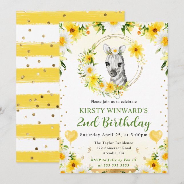 Invitación Cumpleaños infantil de cebra de jungla linda acuar (Anverso / Reverso)