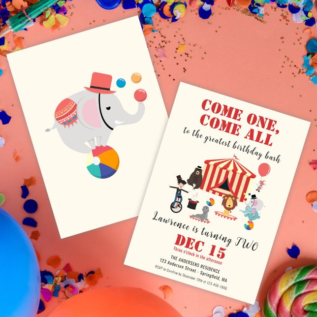 Invitación Cumpleaños infantil de circo carnaval colorido y l (Come One Come All Modern Circus Carnival Birthday Invitation)