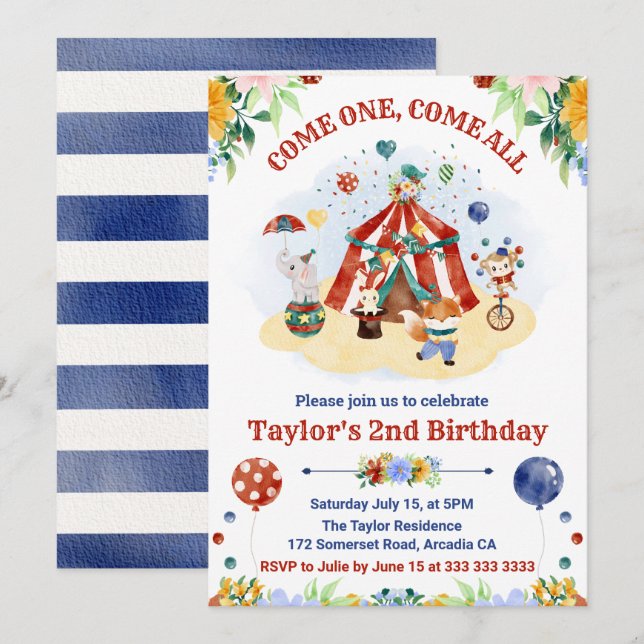 Invitación Cumpleaños infantil de circo de acuarela linda (Anverso / Reverso)
