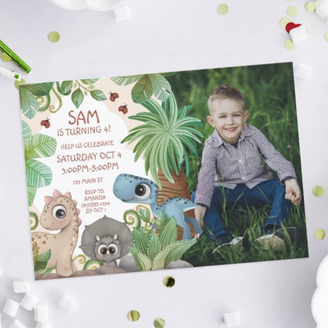 Invitación Cumpleaños infantil de dinosaurio con foto (Dinosaur Birthday Party Photo Invite)