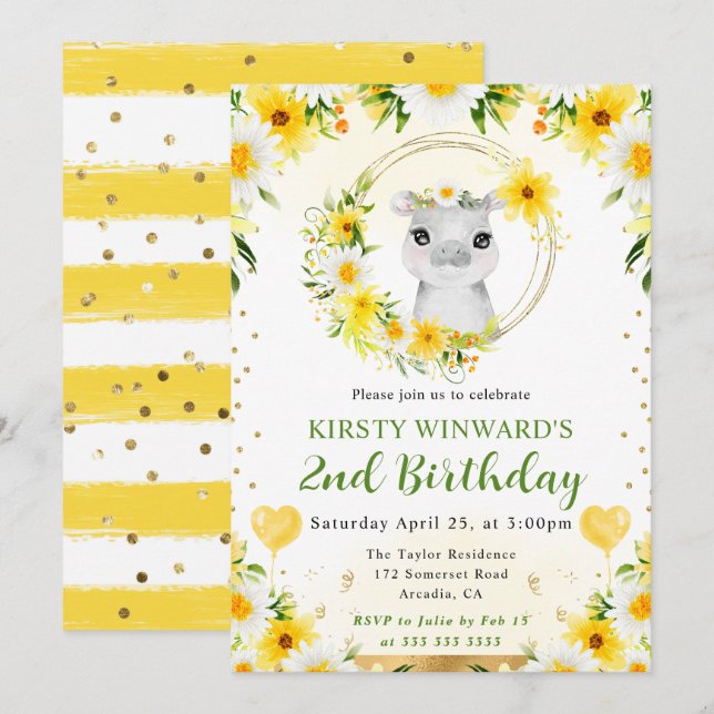 Invitación Cumpleaños infantil de hipopótamo de jungla lindo  (Anverso / Reverso)