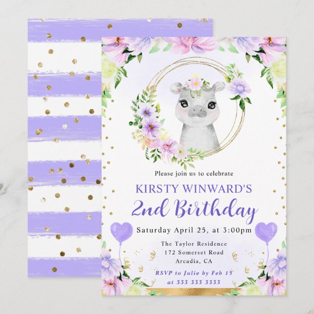 Invitación Cumpleaños infantil de hipopótamo de la jungla lin (Anverso / Reverso)