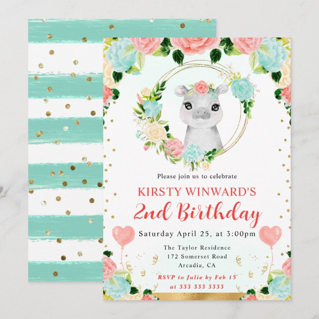 Invitación Cumpleaños infantil de hipopótamo de la jungla lin (Anverso / Reverso)