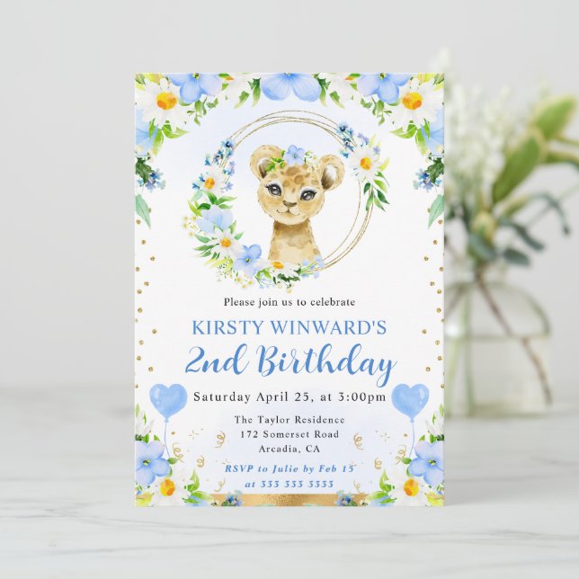 Invitación Cumpleaños infantil de león de jungla lindo acuare (Anverso de pie)