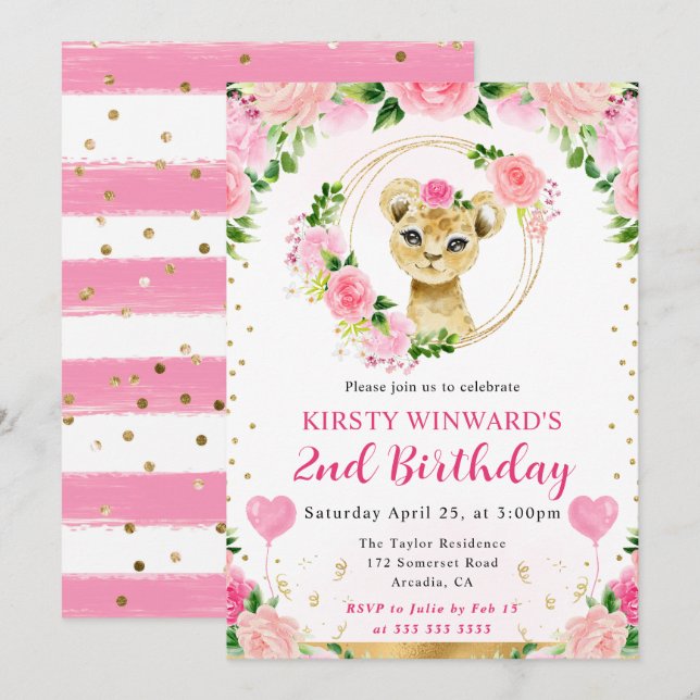 Invitación Cumpleaños infantil de león de jungla lindo acuare (Anverso / Reverso)
