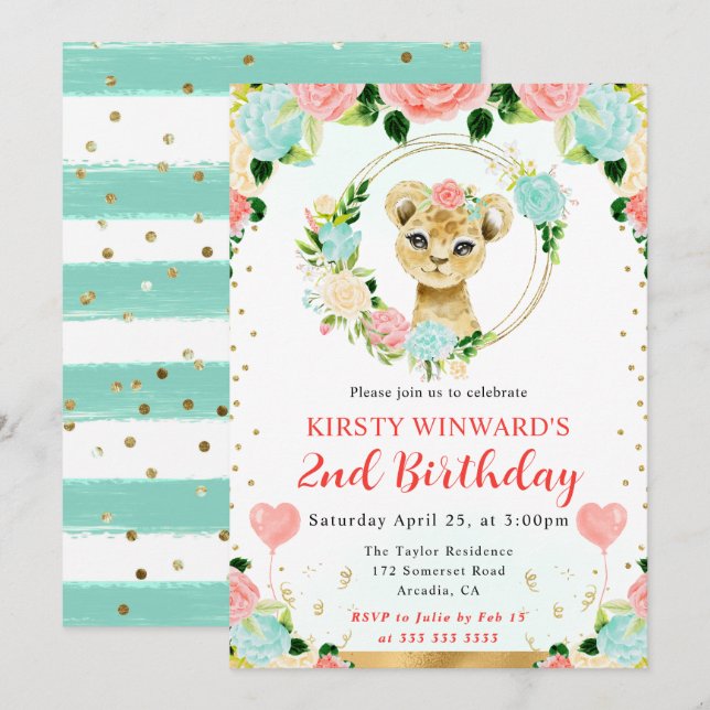 Invitación Cumpleaños infantil de león de jungla lindo acuare (Anverso / Reverso)