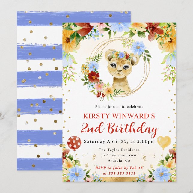 Invitación Cumpleaños infantil de león de jungla lindo acuare (Anverso / Reverso)