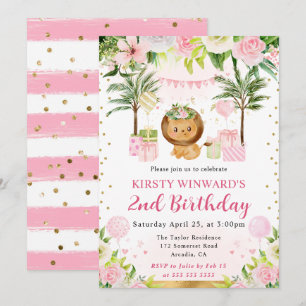 Invitación Cumpleaños infantil de león de la jungla rosa lind