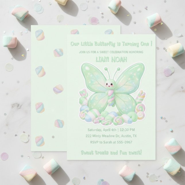 Invitación Cumpleaños infantil de mariposa de malvavisco verd (Mint Green Marshmallow Butterfly Kids Birthday Invitation)