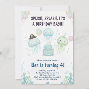 Invitación Cumpleaños infantil de medusas lindas bajo el mar