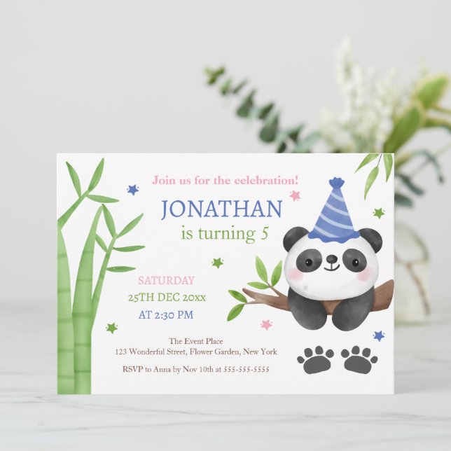 Invitación Cumpleaños infantil de panda verde  (Anverso de pie)