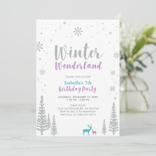 Invitación Cumpleaños infantil de Purple & Teal Winter Wonder (Anverso de pie)