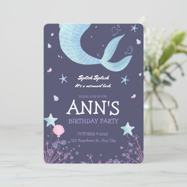 Invitación Cumpleaños infantil de sirena con acuarela rosa pú (Anverso de pie)