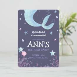 Invitación Cumpleaños infantil de sirena con acuarela rosa pú