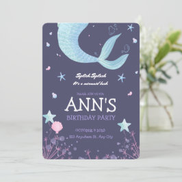 Invitación Cumpleaños infantil de sirena con acuarela rosa pú