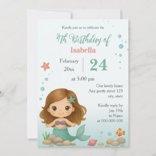 Invitación Cumpleaños infantil de sirena pequeña linda sencil