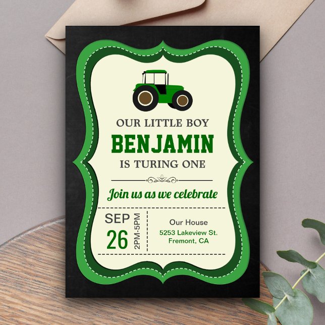 Invitación Cumpleaños infantil de tractor verde pizarra (Subido por el creador)