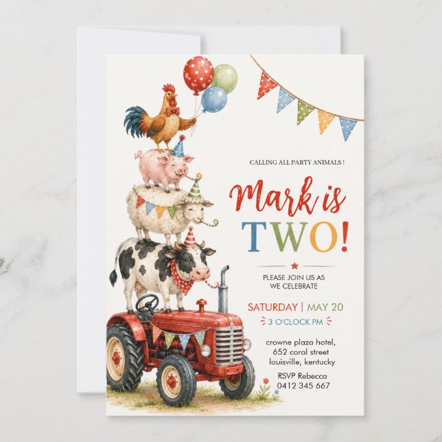 Invitación Cumpleaños infantil de Tractor y Animales de Fiest (Anverso)