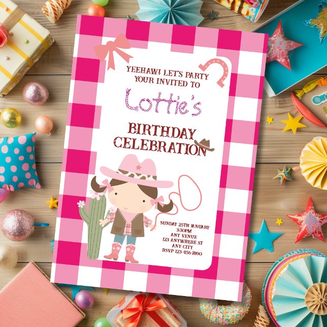 Invitación Cumpleaños infantil de vaquera rosa linda (Subido por el creador)