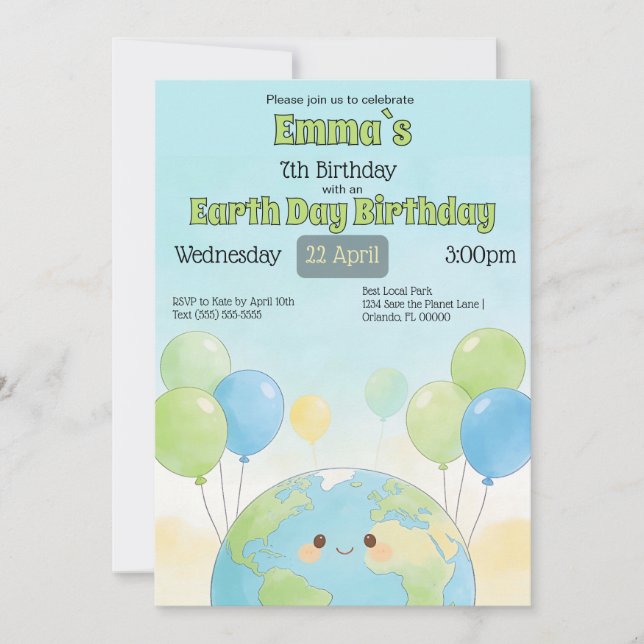 Invitación Cumpleaños infantil del Día de la Tierra (Anverso)